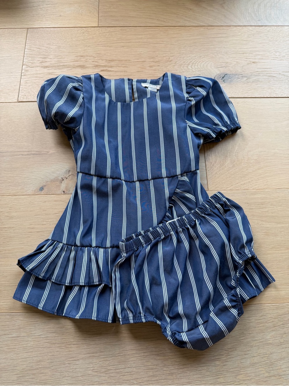 Habitual Baby Girl Blue Striped Ruffle Dress + Bloomers Set 12M